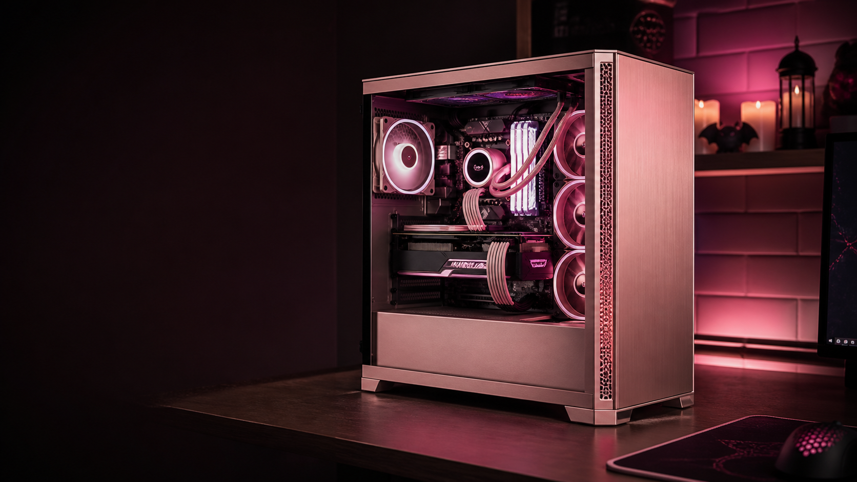 Rose-gold gaming PC tower on a dark streamer desk with pink lighting